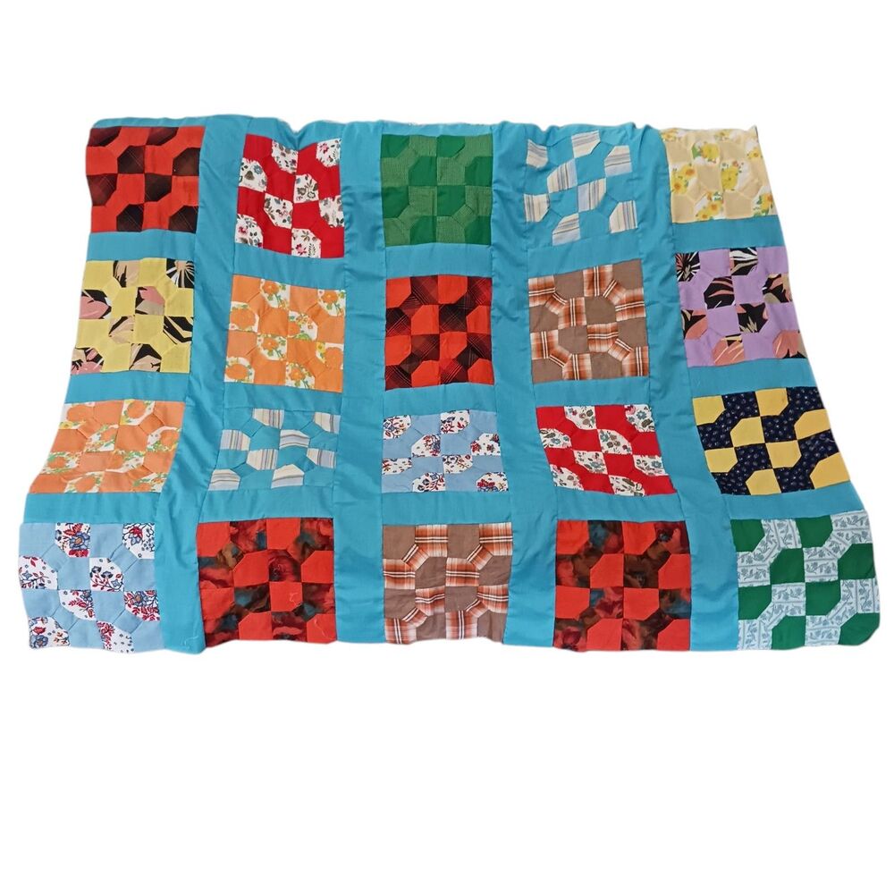 Handmade Bow Tie Quilt Top Hand Pieced Unfinished 95x71" Queen Sized 1960s Scrap